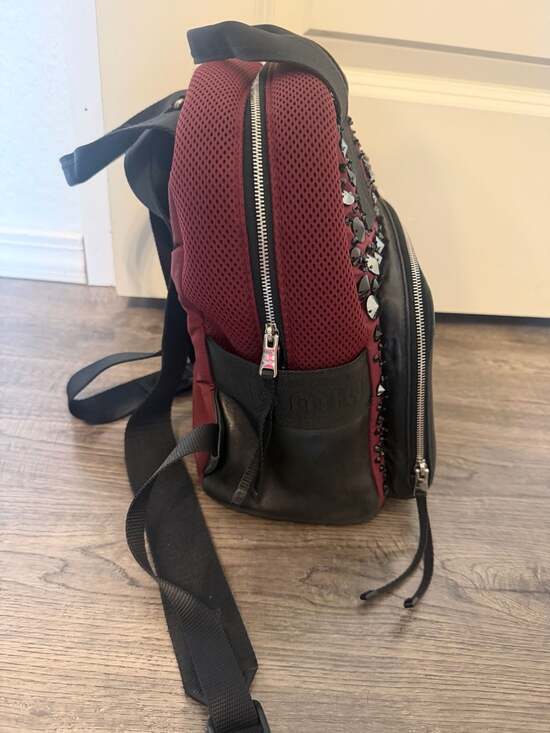 Miu Miu Crystal Embellished Matelassé Nylon and Leather Backpack in Burgundy main image 4